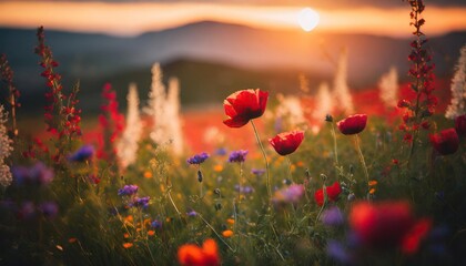 beautiful colorful meadow of wild flowers floral background, landscape with red flowers with sunset and blurred background 