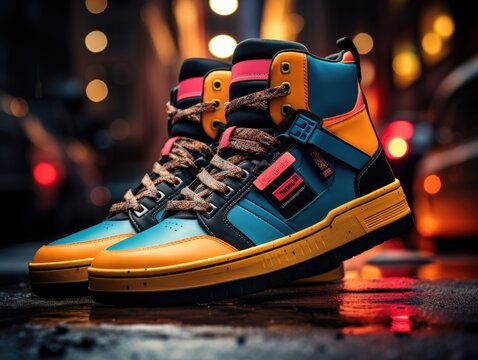 an image product shot of a pair of high-top sneakers, meticulously styled and photographed against a backdrop that reflects urban street culture, AI Generative