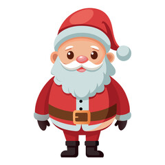 Christmas cartoonish santa standing in a red suit with a red hat and a white background. He is smiling and he is happy