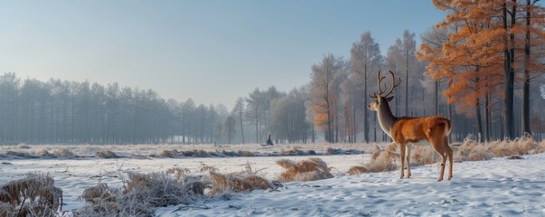 Deer in a frosty autumn morning landscape - 796820318