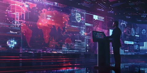 Visionary Leader Delivering Futuristic Holographic Presentation with Interactive Data Visualizations