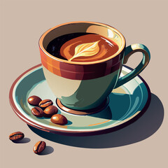 A cup of coffee with a white swirl on top sits on a saucer. The coffee is hot and steam is rising from the cup. Concept of warmth and comfort