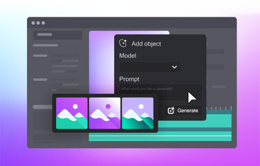 Add object panel. AI Generative features in Video Editor. Prompt button with pictures selection. Vector illustration. 