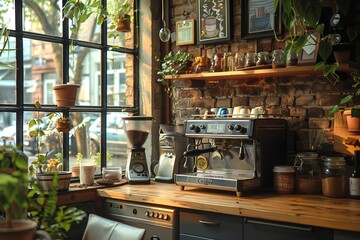 Rustic coffee corner with espresso machine and plants - 796821737