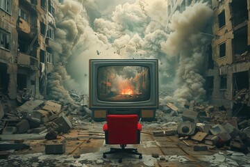 Retro TV in a destroyed building scene - 796822140