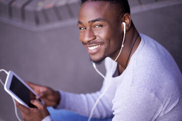 Tablet, music and portrait of happy black man online for streaming audio, sound or social media app...