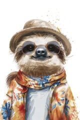 Fototapeta premium A stylish illustration of a sloth exuding a laid-back summer vibe with a straw hat
