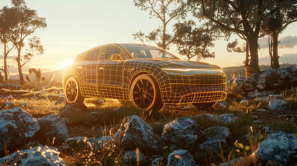 The prompt for the image is:
3d rendering of a futuristic car on a rocky hill at sunset. - obrazy, fototapety, plakaty
