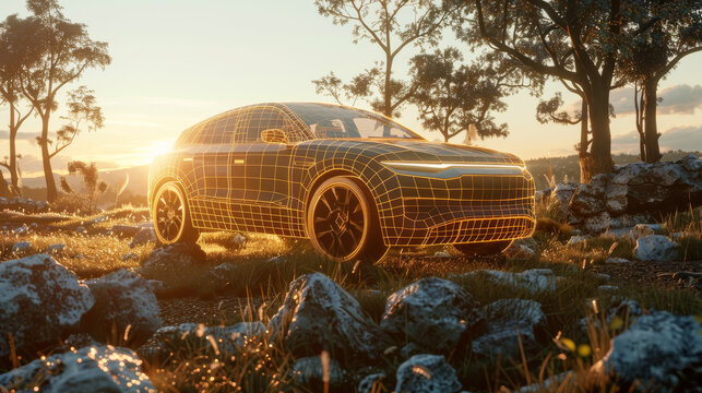 The prompt for the image is:
3d rendering of a futuristic car on a rocky hill at sunset.