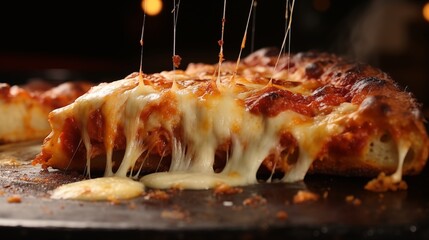 A slice of fried, hot Italian pizza with sticky cheese.