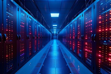 Obraz premium Futuristic server room with blue LED lights