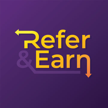 Refer and earn creative concept with arrow vector. Refer a friend sticker design for business promotion. Referral program template, banner, poster, social media template, flyer design.