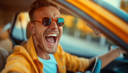 Young man driving a car and singing