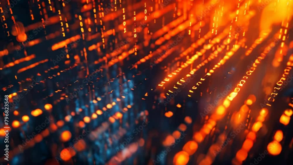 Poster Glowing data binary code background with digital particles and orange lights
