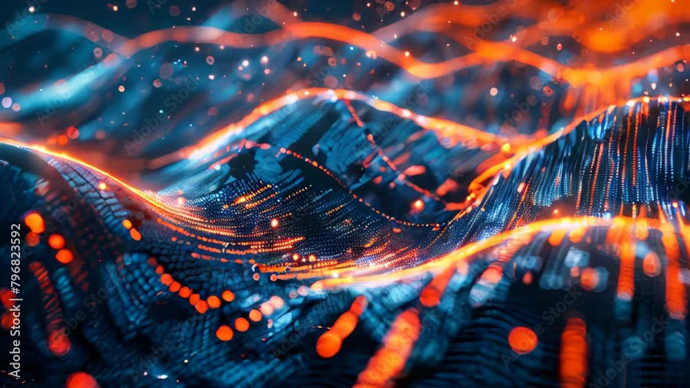 Poster Glowing data binary code background with digital particles and orange lights