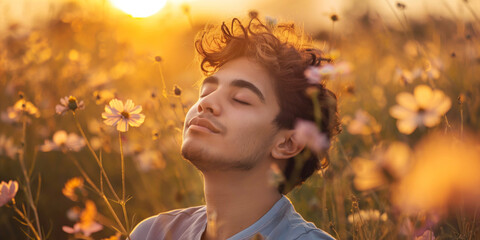 Closeup of serene teen guy enjoying with closed eyes - inner peace and natural connection