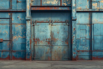 Aged blue industrial doors on a rusty wall - 796824378