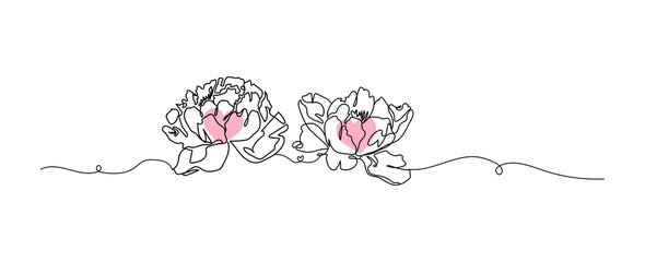 Peony flowers line art isolated on white, flower with heart continuous line hand drawn, vector illustration