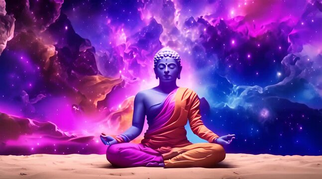 Buddha meditating surrounded by cosmic colourful energies and universe background 