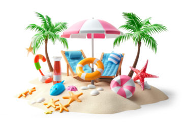 A beach scene with a sun lounger umbrella and beach accessories, isolated from the white or transparent background
