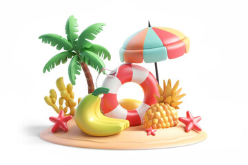 A tropical scene with a banana, a pineapple, a palm tree, a lifebuoy and an umbrella, isolated from the white or transparent  background