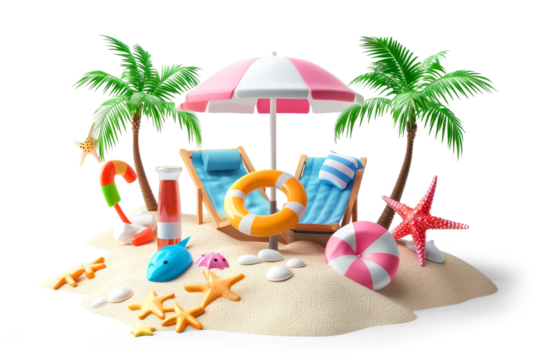 A beach scene with a sun lounger umbrella and beach accessories, isolated from the white or transparent background - Powered by Adobe