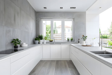 Contemporary modern kitchen interior in white with concrete details.