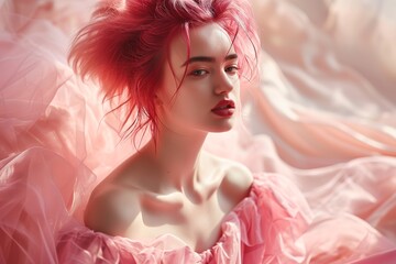 A woman's thoughtful gaze complements her vibrant pink hair and flowing dress, exuding elegance and contemplation