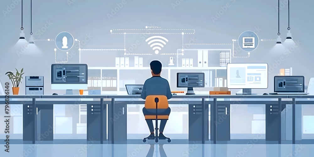 Poster iot integrator setting up smart office connectivity and automation systems for efficient business