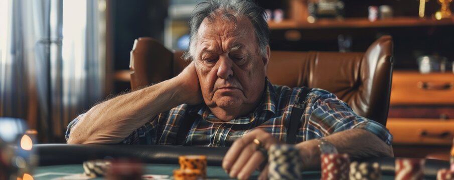 Pensive senior man playing poker alone