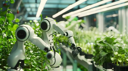 Futuristic Indoor Farm Autonomous Robots and Scientists Collaborating on Advanced Cultivation Techniques Generative ai