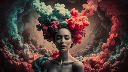 Clouds of colored smoke surrounding a woman. A charming and mysterious atmosphere of an abstract smoky background, captivating you into the cloudy world of erotic fantasies. AI generated. - obrazy, fototapety, plakaty