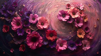 Create a vibrant depiction of the Milky Way using a cascade of variously sized pink and purple petunias - obrazy, fototapety, plakaty