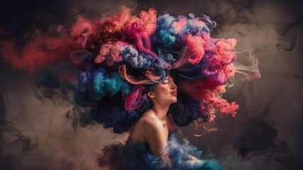 Clouds of colored smoke surrounding a woman. A charming and mysterious atmosphere of an abstract smoky background, captivating you into the cloudy world of erotic fantasies. AI generated.