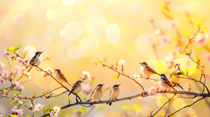 Flock of birds are singing happily on the branches of a tree with spring flower blossoms and sun light , spring season background