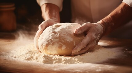 Obraz premium Bakers hands kneading dough for artisan bread.