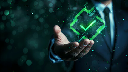 Fototapeta na wymiar Green check mark for compliance, certification or audit concept with a business man holding a digital hologram of green compliance tick symbol