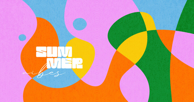 Summer bright vintage background with liquid abstract shapes. Fluid juicy illustration, cover template, geometric overlay art in vivid retro colors and minimal style. Vintage vector packaging layout.