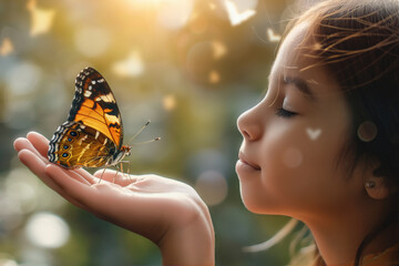 Close-up image capturing a magical moment as a young girl holds a colorful butterfly with tenderness and admiration, basking in the soft, golden light of a setting sun
