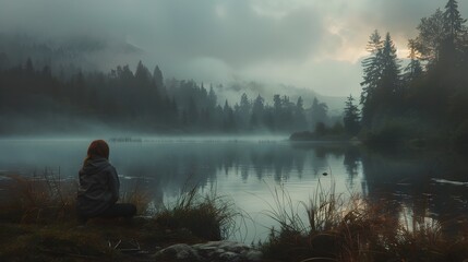 Solitary Contemplation in a Misty Forest Landscape