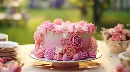 beautifully decorated layer cake topped with pink roses on a wooden table with a sunny garden setting in the background.