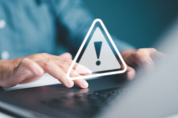 System warning on hacked alert, cyberattack in computer network. Cybersecurity vulnerability, data...