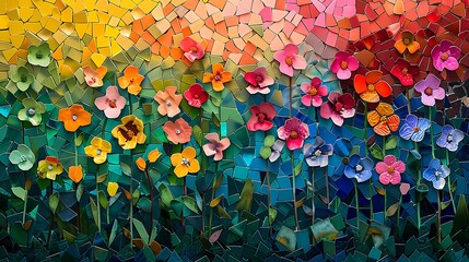Create an abstract floral scene using a mosaic of geometric shapes to represent a garden