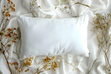 White pillow mockup with dried flowers on a clean background for home decor styling. Concept Home Decor Styling, White Pillow Mockup, Dried Flowers, Clean Background