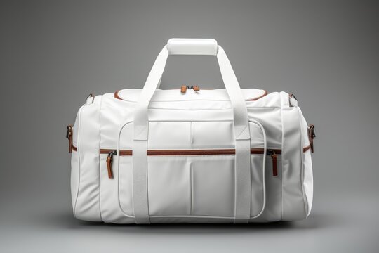 a photo blank white duffel bag, meticulously styled and photographed against a crisp and seamless white background, AI Generative