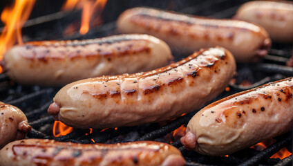 grilled sausages on grill - obrazy, fototapety, plakaty