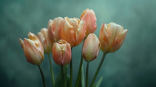 Depict a bouquet of once-vibrant tulips, now drooping and desaturated, their stems bending under the weight of time