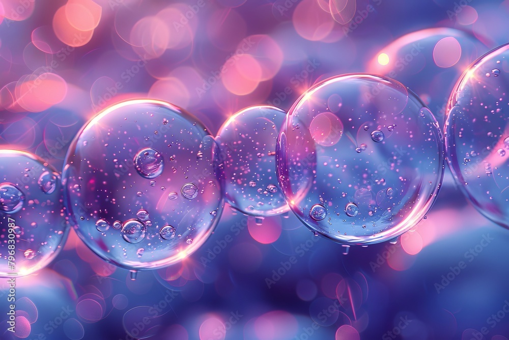 Wall mural close-up of transparent bubbles surrounded by circular bokeh lights in vibrant hues, creating a sens
