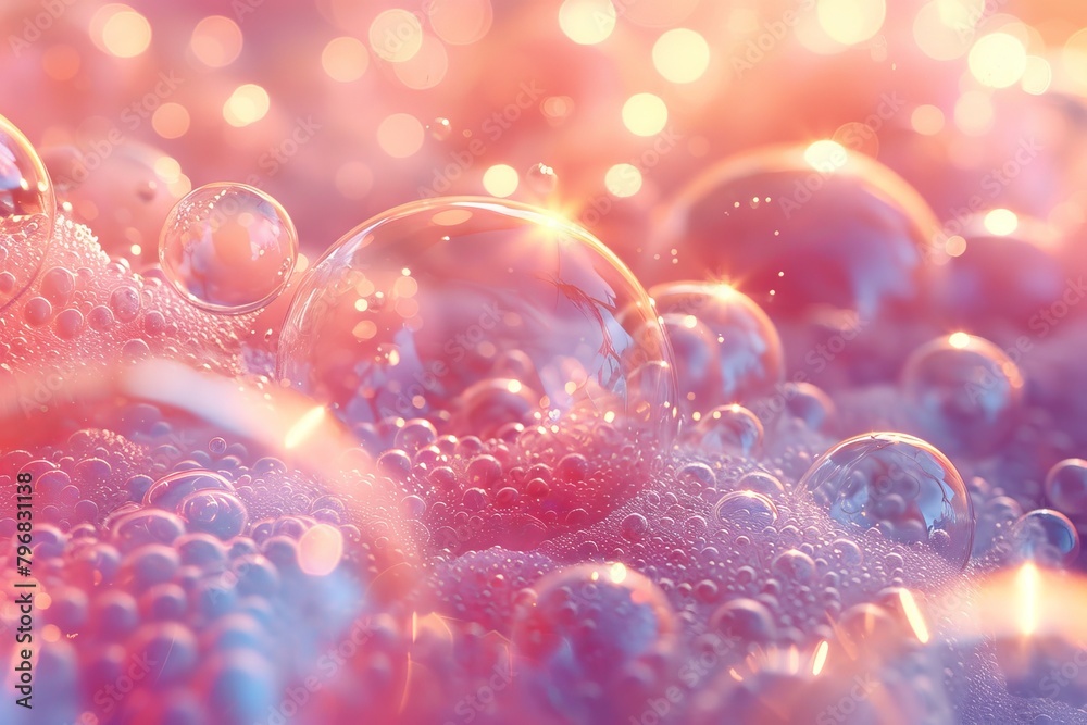 Poster an array of shimmering bubbles with warm bokeh lights creating a magical, dreamlike atmosphere in th