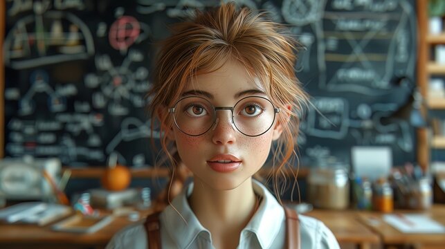 3D girl solving math problems on a digital blackboard, classroom setting, ideal for math tutoring services